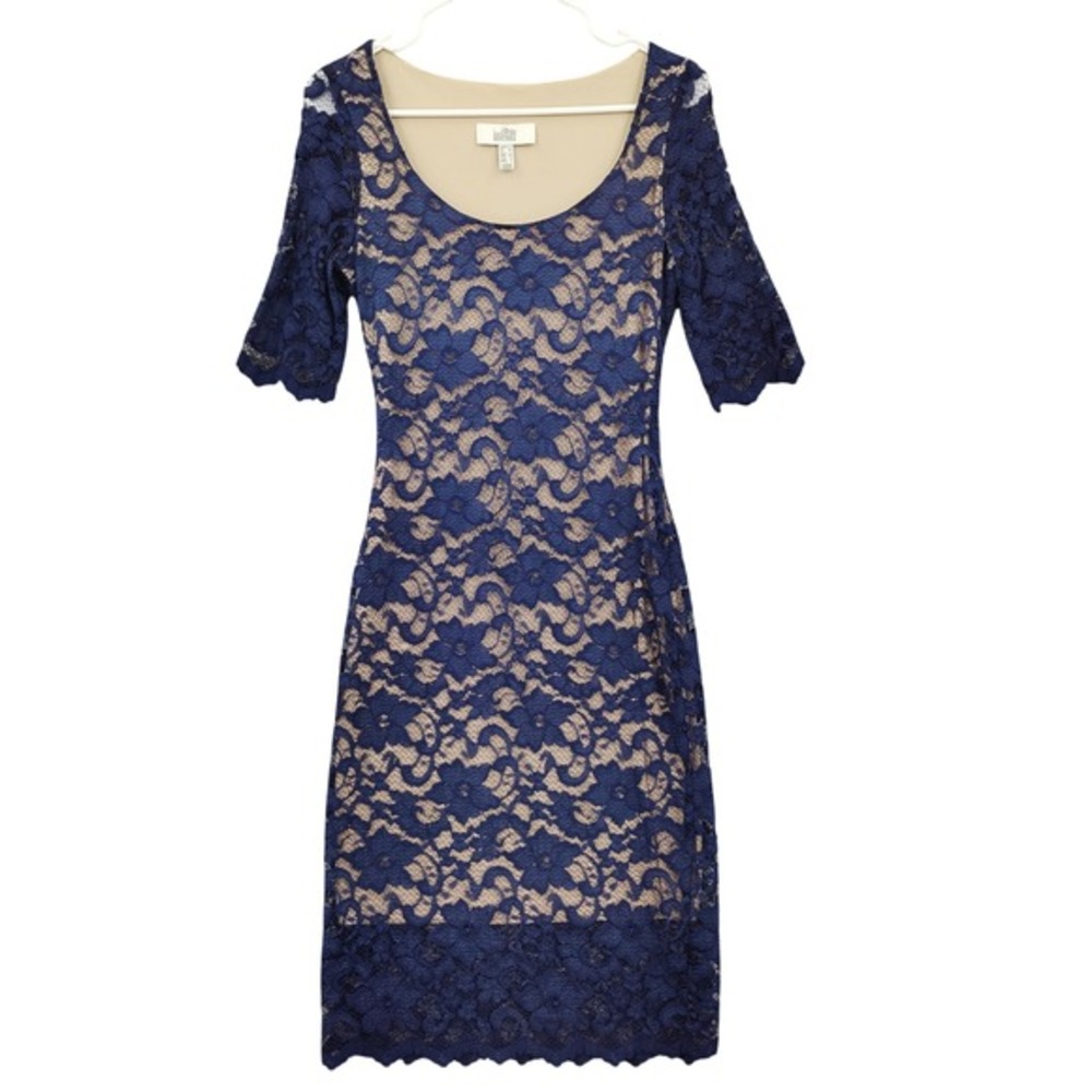 Belle‎ Badgley Mischka Womens Romantic Coquette Lace Sheath Dress 2 Navy Floral